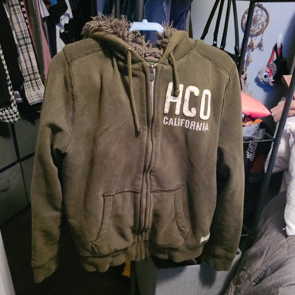 Hollister faux fur hoodie green size large